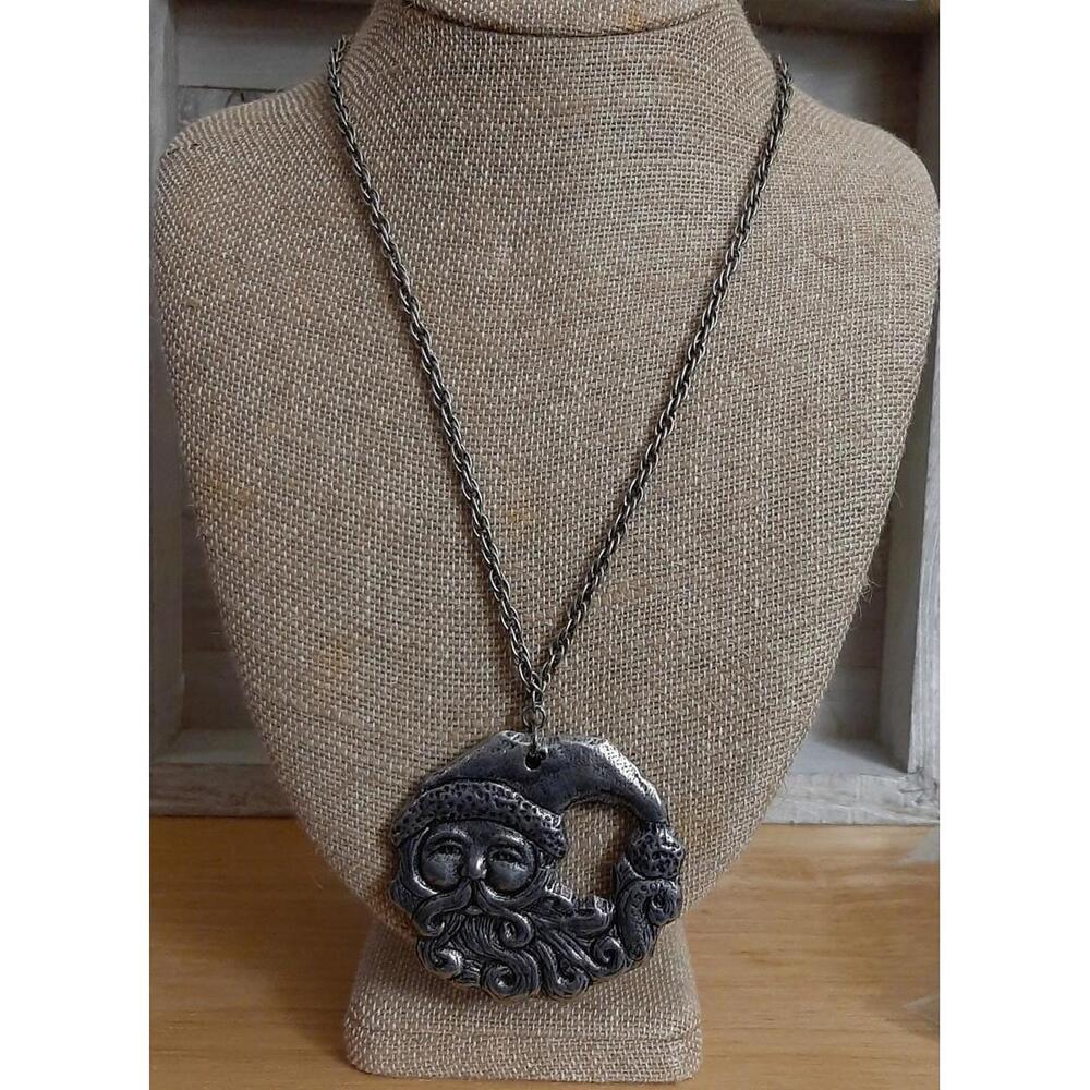 Vintage Large Pewter Santa Pendant & Long Necklace
